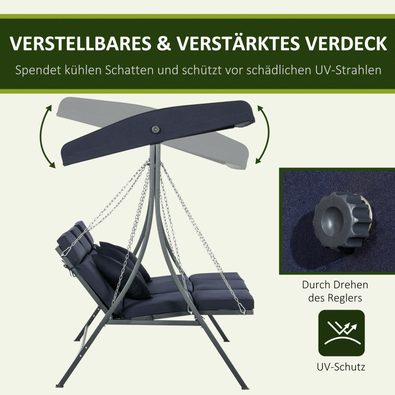 Hollywoodschaukel 3-Sitzer, bis 270 kg belastbar, Schaukelbank mit verstellbarem Sonnendach, Gartenschaukel mit Kissen