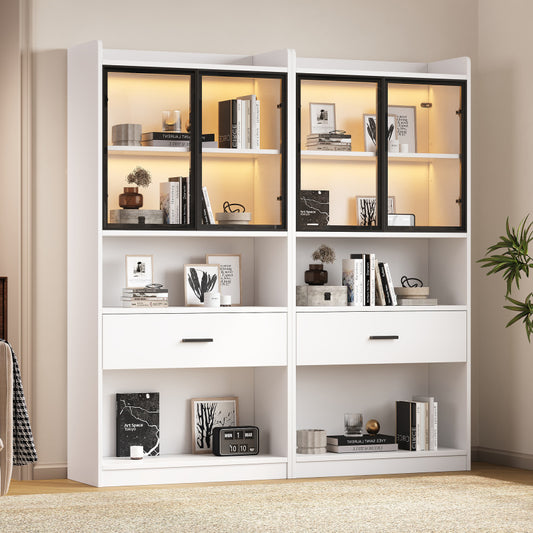 Curio Vitrine mit Licht, 16 Farben Licht, Sammlerstücke Schrank Display Regal, Bücherregal Vitrine für Wohnzimmer, weiß, schwarzer Fenste