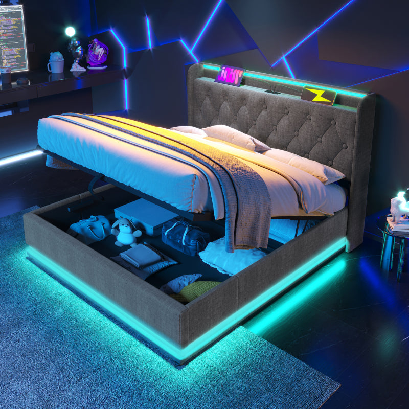 Polsterbett Doppelbett, 360-Surround-LED-Funktion, Drucktaste/App/Fernbedienung,180*200 cm,Grau Leinen-Material Hydraulisches Lagerbett, gepolstertes Kopfteil mit USB Typ-C Ladefunktion(Ohne Matratze)