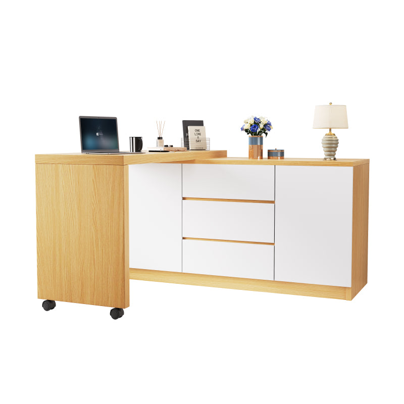 Schreibtisch mit feststellbaren Rollen – multifunktionales Design, 4 cm dickere, drehbare Tischplatte, fest arretierbar, weiß/Eiche, Faltbarer Schreibtisch, Eckschreibtisch, Sideboard,Dicke Materialie
