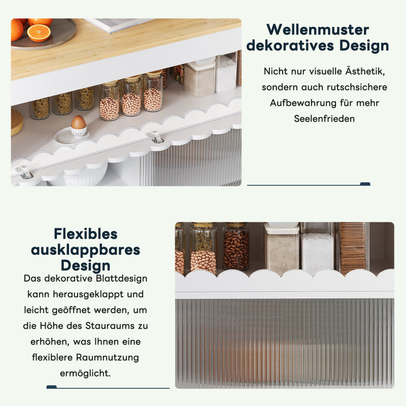 klappbarer Kücheninselwagen, Arbeitsplatte aus Eichenholzfurnier, Schiebetüren aus gehärtetem Glas, verstellbare Einlegeböden, Handtuchhalter, Weiße