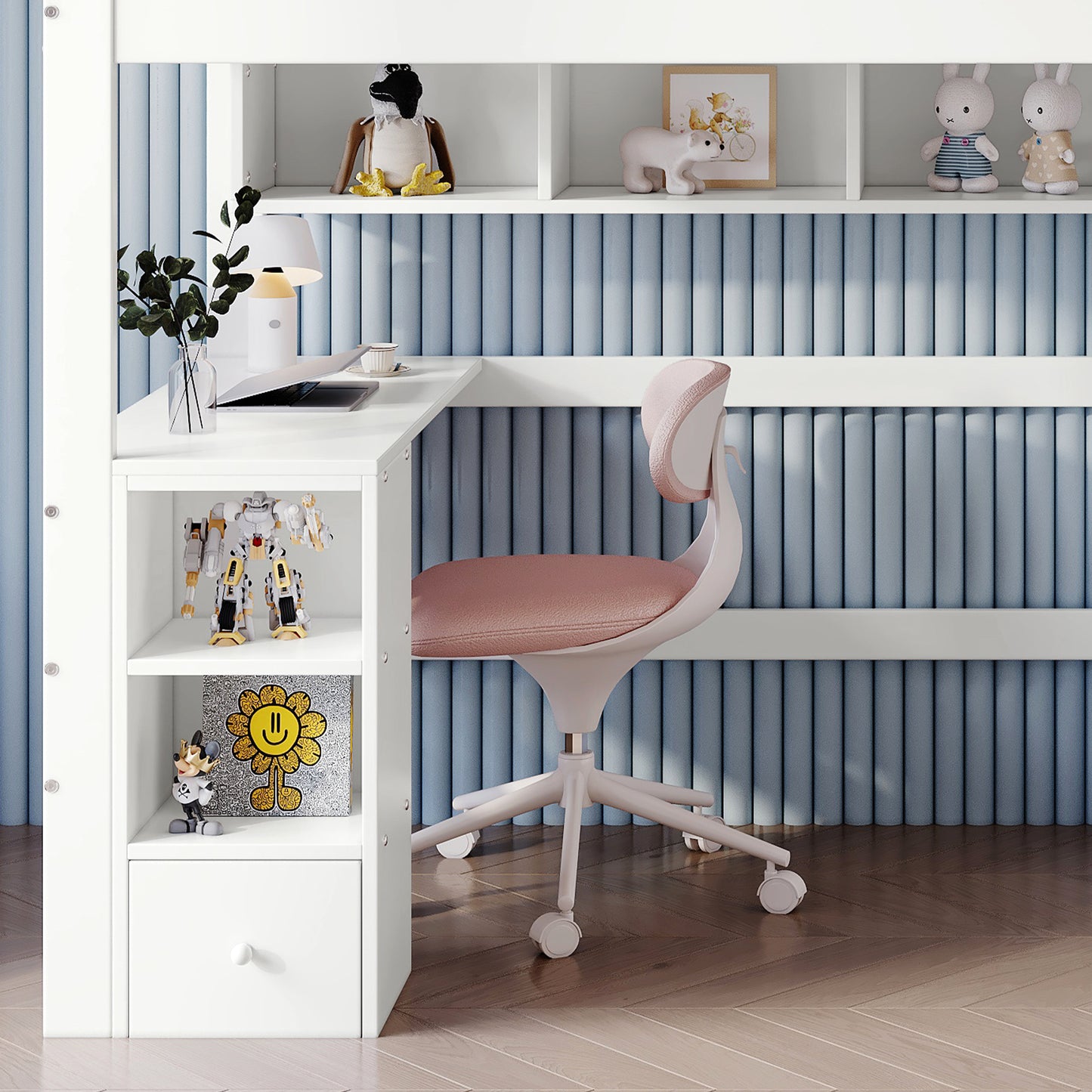 Etagenbett, Kinderbett, mit Fallschutzgitter, mit Tisch und Kleiderschrank, Offenes Regal, Reichlich Stauraum, Mit vierstufiger Leiter, Kiefer+MDF+Sperrholz, Weiß+Natur, 90x200cm