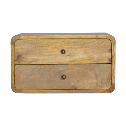 Schwebender Nachttisch aus massivem Mangoholz – Oak-ish Finish, 2 Schubladen, Wandmontage, Handgefertigt, Fertig montiert, 45x32x25 cm