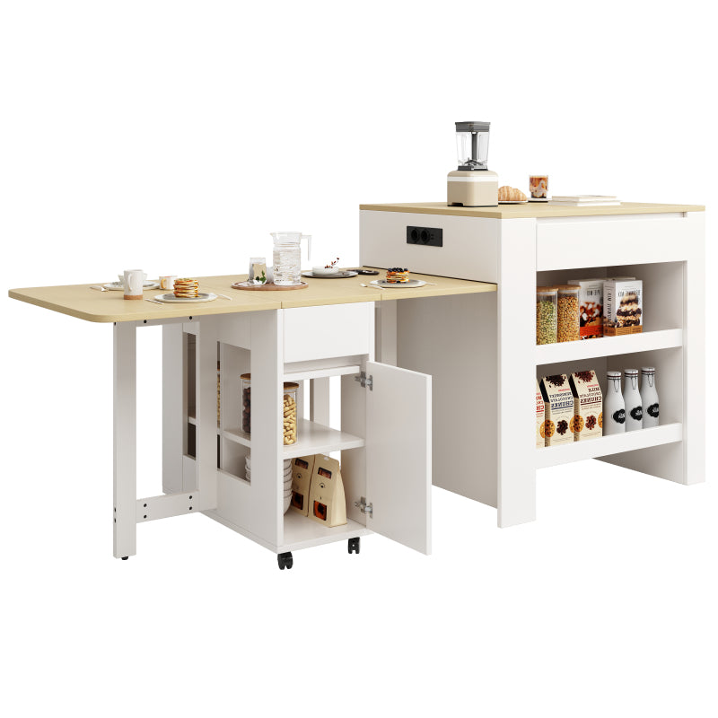 Ausziehbarer Bartisch mit Stauraum(110-124×78×97.5cm), für 2-6 Personen, Kücheninseln mit 2 Schubladen, 2 seitliche offene Regale und eingebaute Steckdose,Tischplatte aus weiß marmoriertem MDF,Weiß