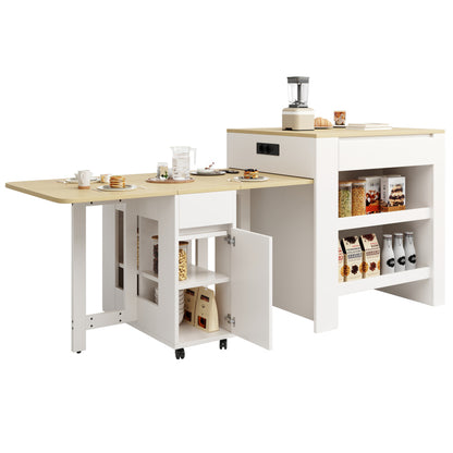 Ausziehbarer Bartisch mit Stauraum(110-124×78×97.5cm), für 2-6 Personen, Kücheninseln mit 2 Schubladen, 2 seitliche offene Regale und eingebaute Steckdose,Tischplatte aus weiß marmoriertem MDF,Weiß