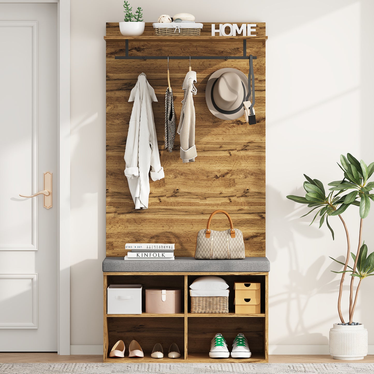 Garderobenset in Holzoptik mit Schuhbank, verstellbarem Regal, Kleiderstange und Polster, Praktische Flurmöbel
