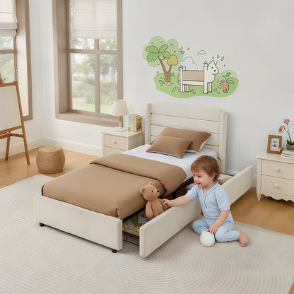 Einzelbett 90×200 cm mit Chenille-Oberfläche & 2 Schubladen, stabiles Bettgestell aus Holz/Metall, ideal für Kinder-, Jugend- & Gästezimmer, Beige (ohne Matratze)