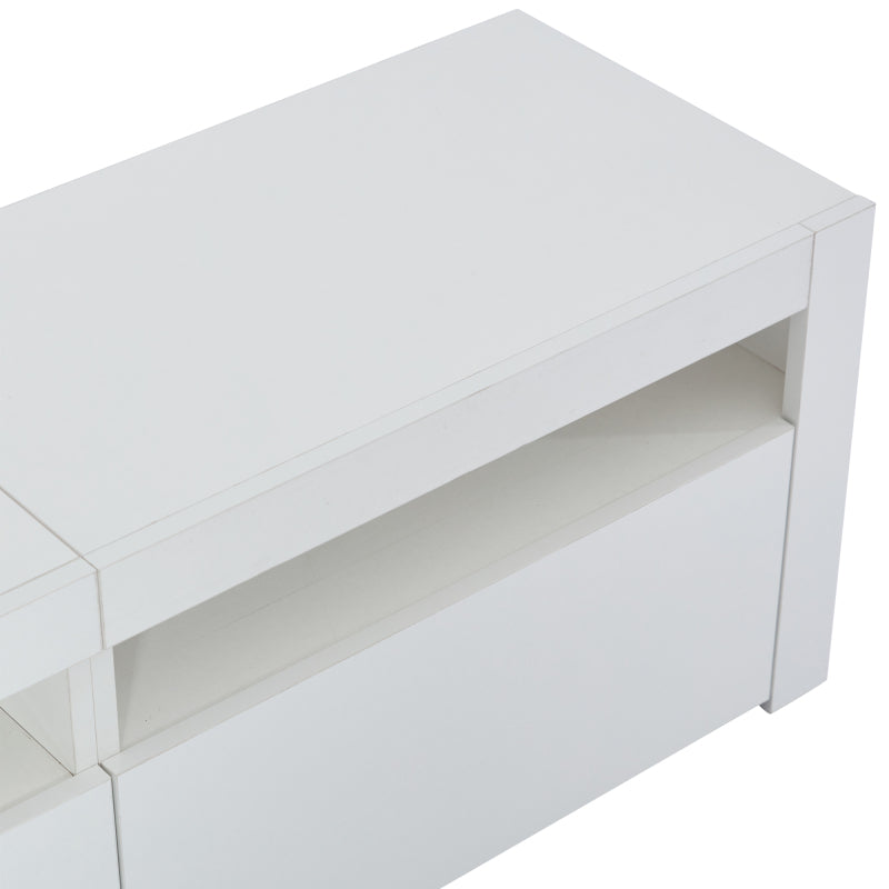 Weißer Hochglanz-TV-Schrank mit LED-Beleuchtung und Stauraum, weißes niedriges Paneel, bietet Platz für 80-Zoll-Fernseher, TV-Unterschrank mit herunterklappbarer Schranktür, 190 x 24 x 40 cm