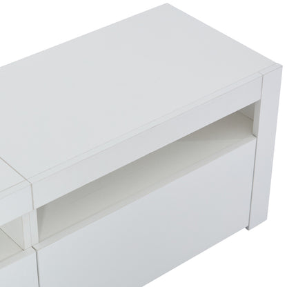 Weißer Hochglanz-TV-Schrank mit LED-Beleuchtung und Stauraum, weißes niedriges Paneel, bietet Platz für 80-Zoll-Fernseher, TV-Unterschrank mit herunterklappbarer Schranktür, 190 x 24 x 40 cm