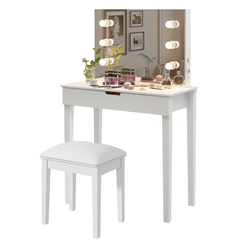 Schminktisch mit Spiegel, Schminkhocker, Schminktisch-Set mit 6 Glühbirnen, weiß