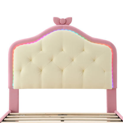 Polsterbett, Einzelbett, Wellenform mit Zugpunkt am Kopfende des Bettes, rosa Schleife, mit mehrfarbigen, wechselnden LED-Streifen, Kinderbett mit Holzlatten, Einzelbett, PU, rosa Bettrahmen, 90x200cm