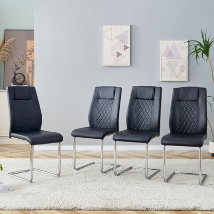 Schwarzer PU-Stuhl im nordischen Stil (vier Stühle im Inneren einer Kiste) - mit Netznähtdesign, glänzende silberne Metallbeine