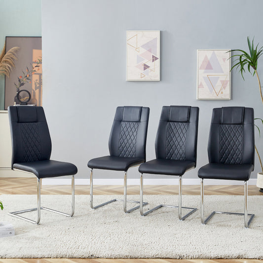 Schwarzer PU-Stuhl im nordischen Stil (vier Stühle im Inneren einer Kiste) - mit Netznähtdesign, glänzende silberne Metallbeine