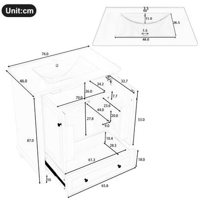 76x46x87cm Bodenstehender Badezimmerschrank mit Waschbeck, Waschtisch,Beine aus Massivholz, MDF-Material, feuchtigkeits- und wasserdicht, großer Stauraum, integriertes Keramikwaschbecken, Grau