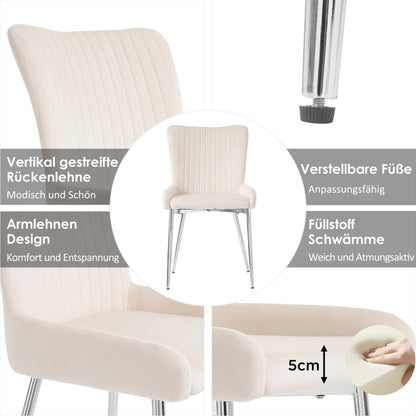 Samt-Esszimmerstuhl, 2er-Set, Lounge-Stuhl mit vier Silberne Metallstützbeinen, Lendenwirbelstütze, Beige