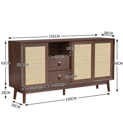 Sideboard mit 3 Schiebetüren aus echtem Rattan und 2 Schubladen, 155x38x80 cm, atmungsaktiv, stabil und vielseitig