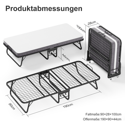 Klappbett 90x190cm mit 10cm Memory Foam Matratze – Faltbares Gästebett auf Rollen bis 150kg, inkl. Staubschutzhülle & Waschbarem Bezug