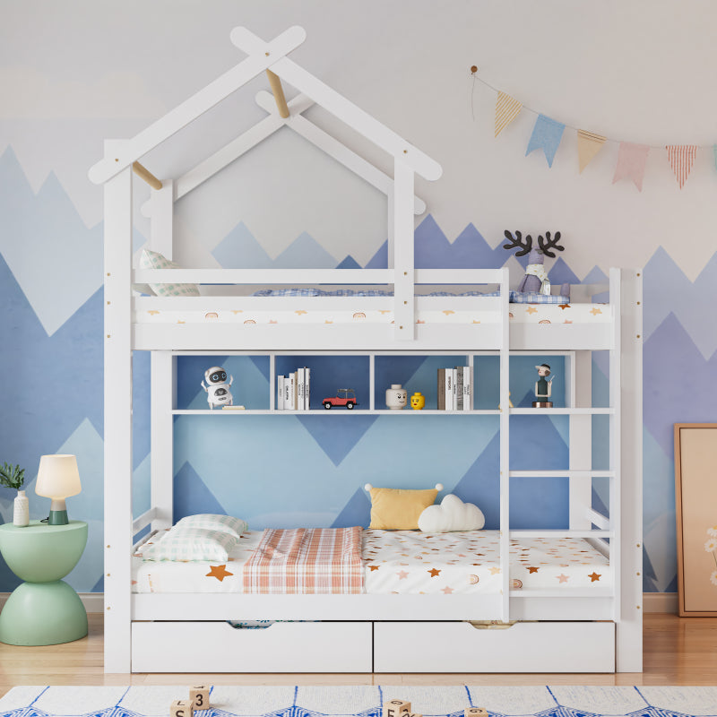 Etagenbett mit Schubladen und Regalen, Hausbett mit dreistufige rechtwinklige Leiter, Kinderbett mit Fallschutz und Gitter, Rahmen aus Kieferholz, Weiß (90x200cm)