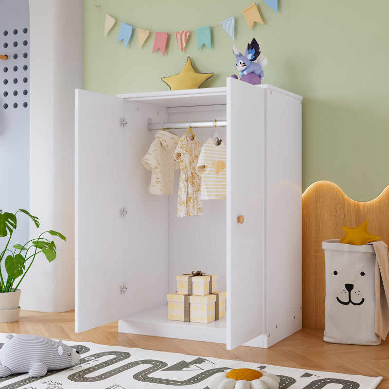 Kleiner Kleiderschrank mit Stange, 2-türiger Kleiderschrank, Schlafzimmer, Wohnzimmer, Kinderkleiderschrank, MDF, Weiß