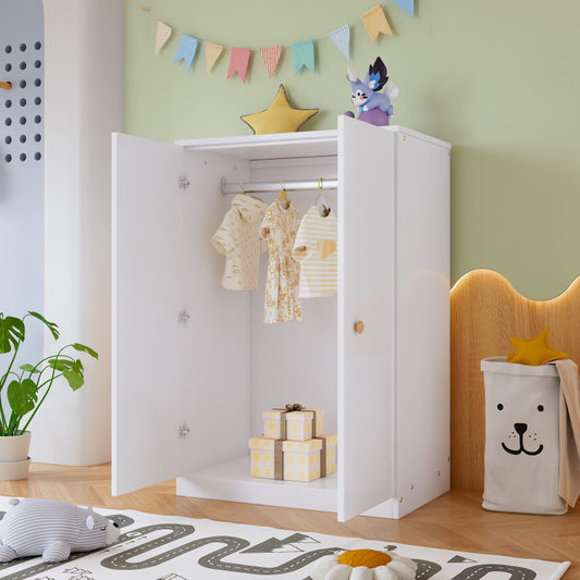 Kleiner Kleiderschrank mit Stange, 2-türiger Kleiderschrank, Schlafzimmer, Wohnzimmer, Kinderkleiderschrank, MDF, Weiß