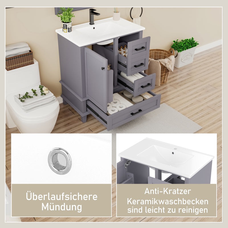 Bodenstehender Badezimmerschrank mit Waschbecken, Waschtisch, komplett lackiert, Türregal, drei geräuschlose Schubladen, integriertes Keramikwaschbecken, Grau