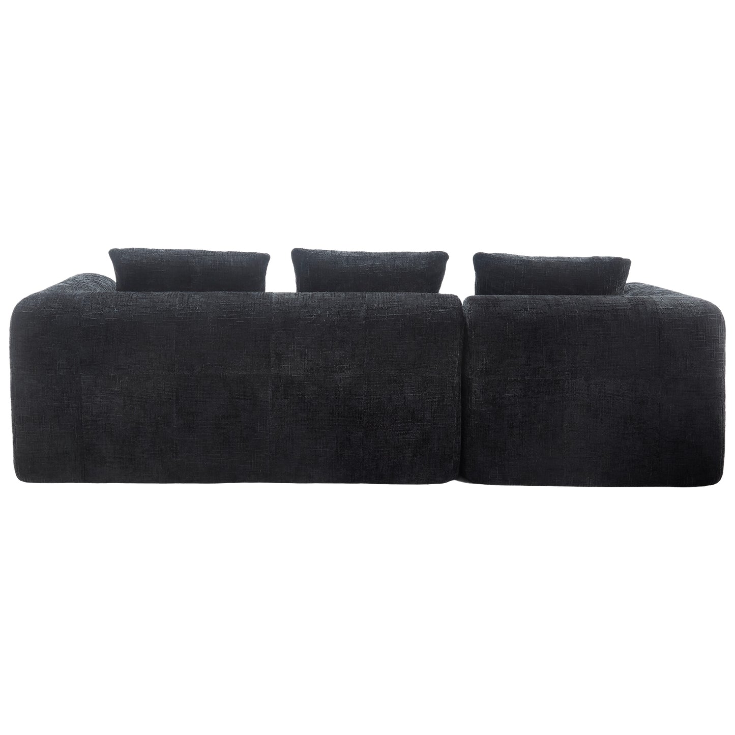 Modernes Sektionssofa, L-Sofa, 3-Sitzer-Sofa, keine Installation erforderlich, Chenille-Sofa mit Chaiselongue und Armlehnen, 3 Kissen, Seitentasche für Fernbedienung, Schwarz
