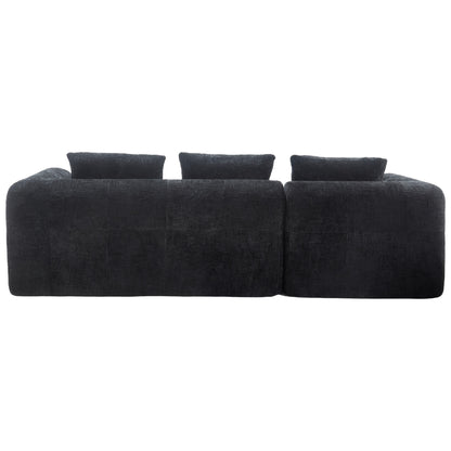 Modernes Sektionssofa, L-Sofa, 3-Sitzer-Sofa, keine Installation erforderlich, Chenille-Sofa mit Chaiselongue und Armlehnen, 3 Kissen, Seitentasche für Fernbedienung, Schwarz
