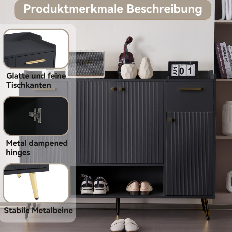 Schuhschrank, Schuhregal mit 2 Schubladen und 4 Türen, Metallfüße, schwarz