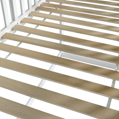 [29994142WAA]Etagenbett, Hausbett mit Treppe, Kinderbett mit Fallschutz und Gitter, Rahmen aus Kiefer, weiß (90x200&140*190cm)