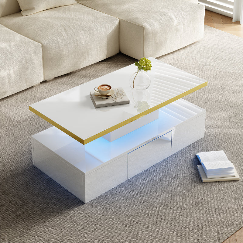 Couchtisch, Tisch mit Schubladen, Hochglanzlackierung, Beistelltisch mit zwei Ablageebenen. Mit LED-Licht