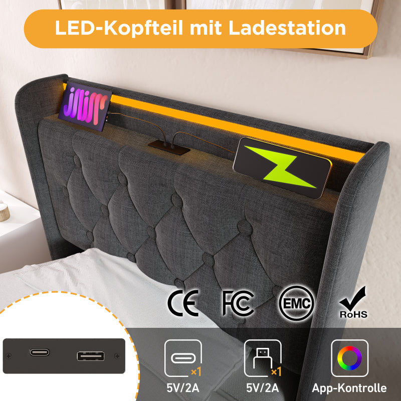 Polsterbett einzelbett,360-Surround-LED-Funktion, Drucktaste/App/Fernbedienung,90*200 cm, Grau Leinen-Material Hydraulisches Lagerbett, gepolstertes Kopfteil mit USB Typ-C Ladefunktion (Ohne Matratze)