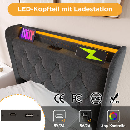 Polsterbett einzelbett,360-Surround-LED-Funktion, Drucktaste/App/Fernbedienung,90*200 cm, Grau Leinen-Material Hydraulisches Lagerbett, gepolstertes Kopfteil mit USB Typ-C Ladefunktion (Ohne Matratze)