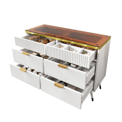 Kommode Sideboard aus Bernstein Glas, Kommode mit 6 Schubladen,Facheinteilung, kippsicher, Hochschrank für Schlafzimmer und alle Wohnräume, 120 x 40 x 76 cm, weiß