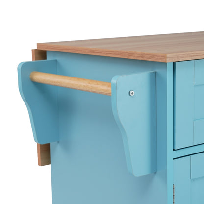 129x46(71)x91,5 cm großer Speisewagen/Sideboard, Arbeitsplatte mit Massivholzmaserung + blauer Schrank/faltbare Arbeitsplatte/Aufbewahrungstür-Design/Räder/Massivholzfüße umschaltbar/für Zuhause geeig