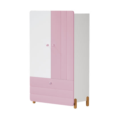 Geräumiger Kleiderschrank mit minimalistischen Linien und zarten holzfarbenen Füßen mit Staufächern, Schubladen und Kleiderbügeln, Farbblock-Design, Rosa