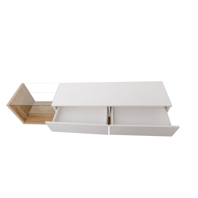 TV-Schränke, Lowboards, Kombination aus Hochglanzweiß und Holzfarben. Glastrennwände und variable LED-Beleuchtung. Es kombiniert natürlichen Landhausstil mit modernem Design.
