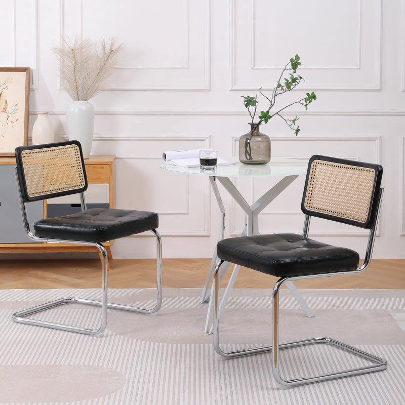 Mittelalterliche moderne Esszimmerstühle, ein Satz von 2-Rattan Esszimmerstühlen mit weichen gepolsterten Kunstlederelementen, armlose Mesh Rückenlehne Rattan Stühle, Metall Chrom Beine(Black)