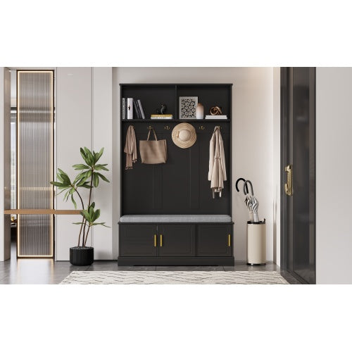 Garderobenständer mit  Schuhbank, Garderobe,  6 Dreifach-Haken,freistehend, platzsparend, für Eingangsbereich,Flur, Schwarz