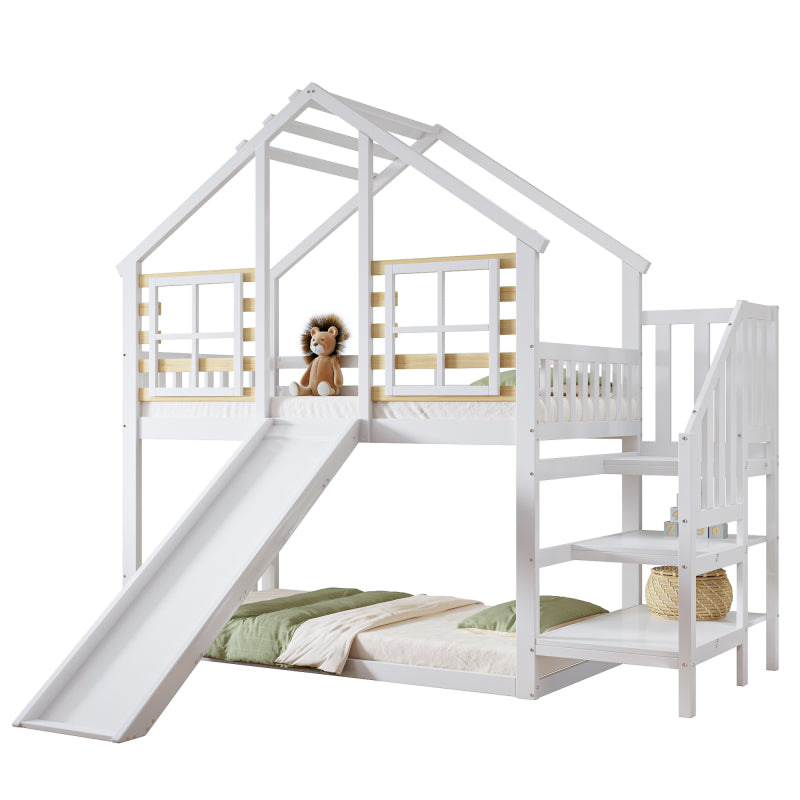 Etagenbett, Holzbett mit Treppe und Gitter, mit Rutsche und Fenster, Blockhaus Kinderbett mit Absturzsicherung, Bettrahmen aus Massivholz, Weiß(90x200 cm)