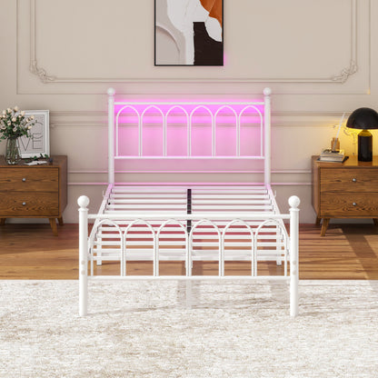 120x200cm Metall-Bettrahmen mit Vintage Kopf und Fußplatte, USB-Ladestation, LED-Bettrahmen, Heavy Duty Stahl Slat Unterstützung, Reichweite Unterbett-Speicher, Keine Box-Feder erforderlich, Weiß