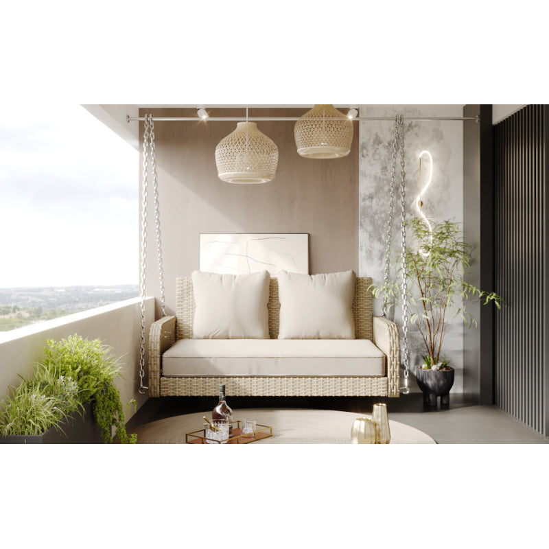 Hollywoodschaukel, Gartenschaukel, Gartenmöbel-Set für den Außenbereich, Beiges Rattan, beiges Sitzkissen, 2 Sitze, mit Sitzkissen und Rückenkissen, abnehmbar und waschbar