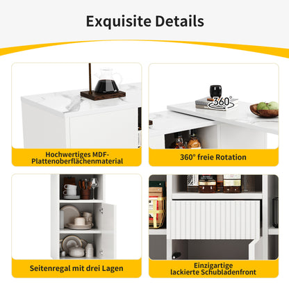 Um 360° drehbarer Bartisch (Hauptkörper 198,5 x 30 x 75 cm), modernes und schlichtes weißes Design, mit offenem Stauraum und Marmor-Arbeitsplatte, geeignet für Küche, Wohnzimmer und Esszimmer
