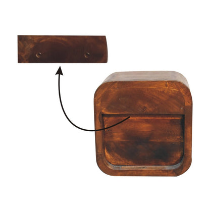 Schwebender Mini-Nachttisch aus Massivholz – Kastanienbraun, 1 Schublade & offenes Fach, Wandmontage, Handgefertigt, 20x17x20 cm
