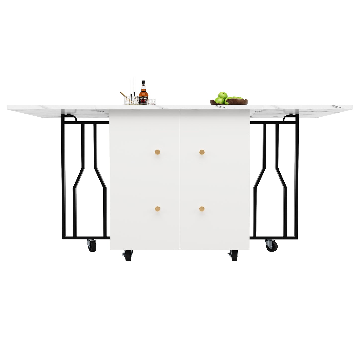Tragbarer Esstisch, klappbare Tischplatte, marmorierte Tischplatte, geeignet für Esszimmer, Wohnzimmer, verstellbare Trennwände, großes Staufach, 6 Rollen (2 feststellbar), schwarze Tischbeine
