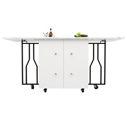 Tragbarer Esstisch, klappbare Tischplatte, marmorierte Tischplatte, geeignet für Esszimmer, Wohnzimmer, verstellbare Trennwände, großes Staufach, 6 Rollen (2 feststellbar), schwarze Tischbeine