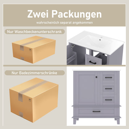 Bodenstehender Badezimmerschrank mit Waschbecken, Waschtisch, komplett lackiert, Türregal, drei geräuschlose Schubladen, integriertes Keramikwaschbecken, Grau