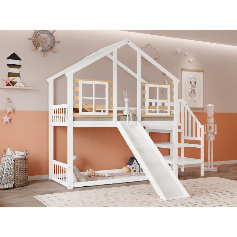Etagenbett, Holzbett mit Treppe und Gitter, mit Rutsche und Fenster, Blockhaus Kinderbett mit Absturzsicherung, Bettrahmen aus Massivholz, Weiß(90x200 cm)