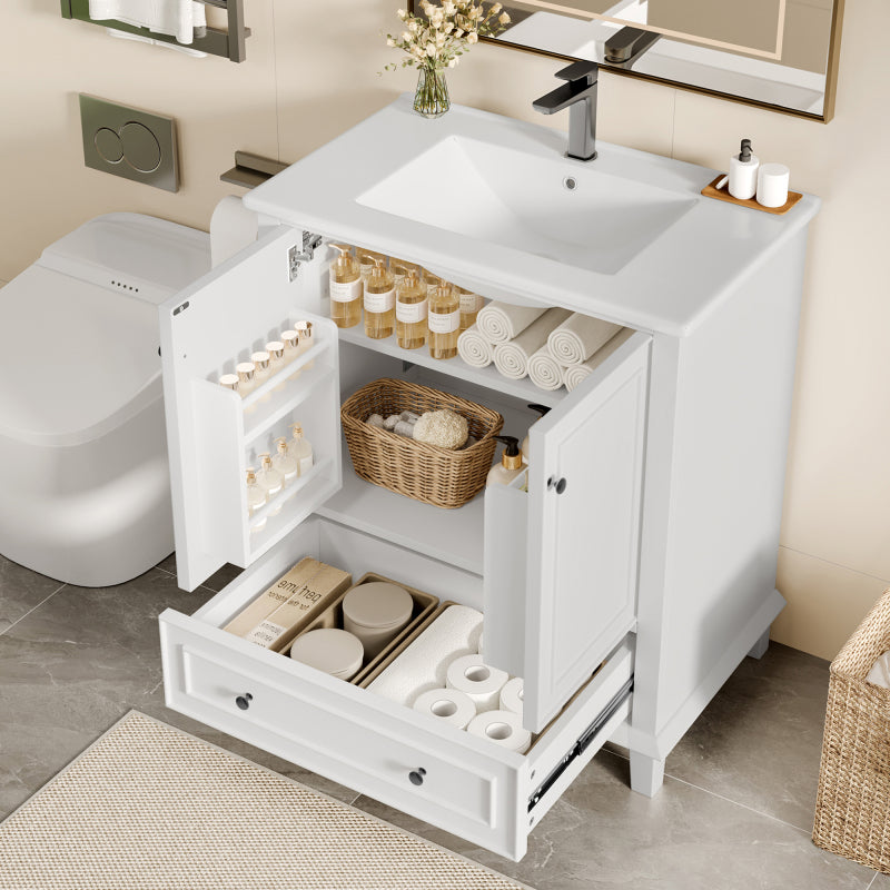 Bodenstehender Badezimmerschrank mit Waschbecken, Waschtisch, feuchtigkeits- und wasserdicht, integriertes Keramik Waschbecken, weiß