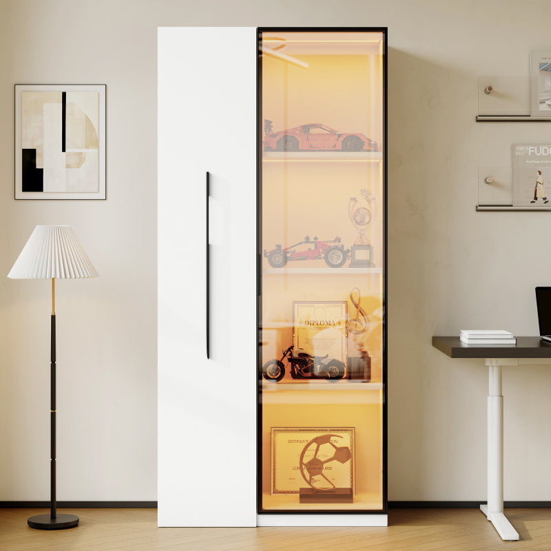 Multifunktionsschrank 160 cm hoch – Bücherregal und Vitrine mit Türen aus gehärtetem Glas, Türrahmen aus Aluminium, 1 Tür, 1 seitliche Schublade, mit Rollen und LED-Beleuchtung – Vitrine, Esszimmersch