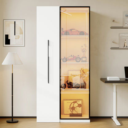 Multifunktionsschrank 160 cm hoch – Bücherregal und Vitrine mit Türen aus gehärtetem Glas, Türrahmen aus Aluminium, 1 Tür, 1 seitliche Schublade, mit Rollen und LED-Beleuchtung – Vitrine, Esszimmersch